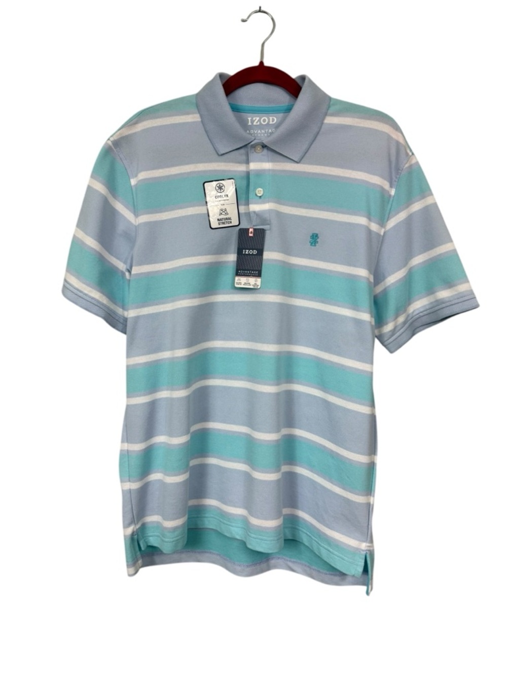 IZOD NEW Men's Medium Polo Shirt Striped Blue White Cotton Blend Short Sleeves